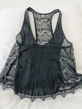 Free People Free People Black Pintuck Racerback Tank w Eyelash Lace Trim SIZE S